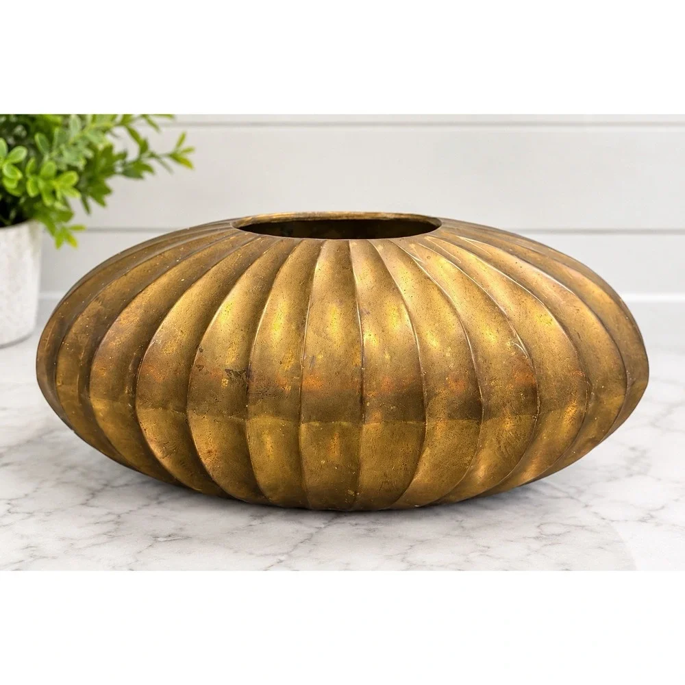 Vintage Brass Ribbed Oval Vase Planter Bowl Made in India 9